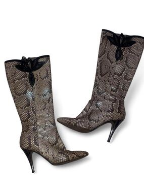 Pointed-Toe Mid-Calf Snake-Print Stiletto Boots - Gray